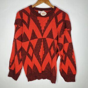 Arielle Womens Vintage Made In USA Red Geometric Pullover Sweater 90's Ski Warm